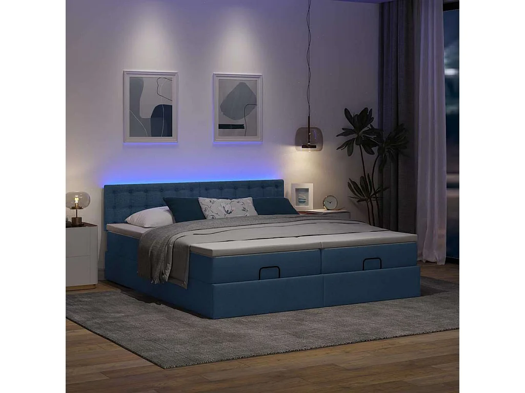 Cadre de lit ottoman avec matelas bleu 160x200 cm tissu