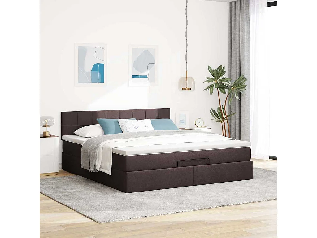 Cadre de lit ottoman avec matelas marron foncé 160x200 cm tissu