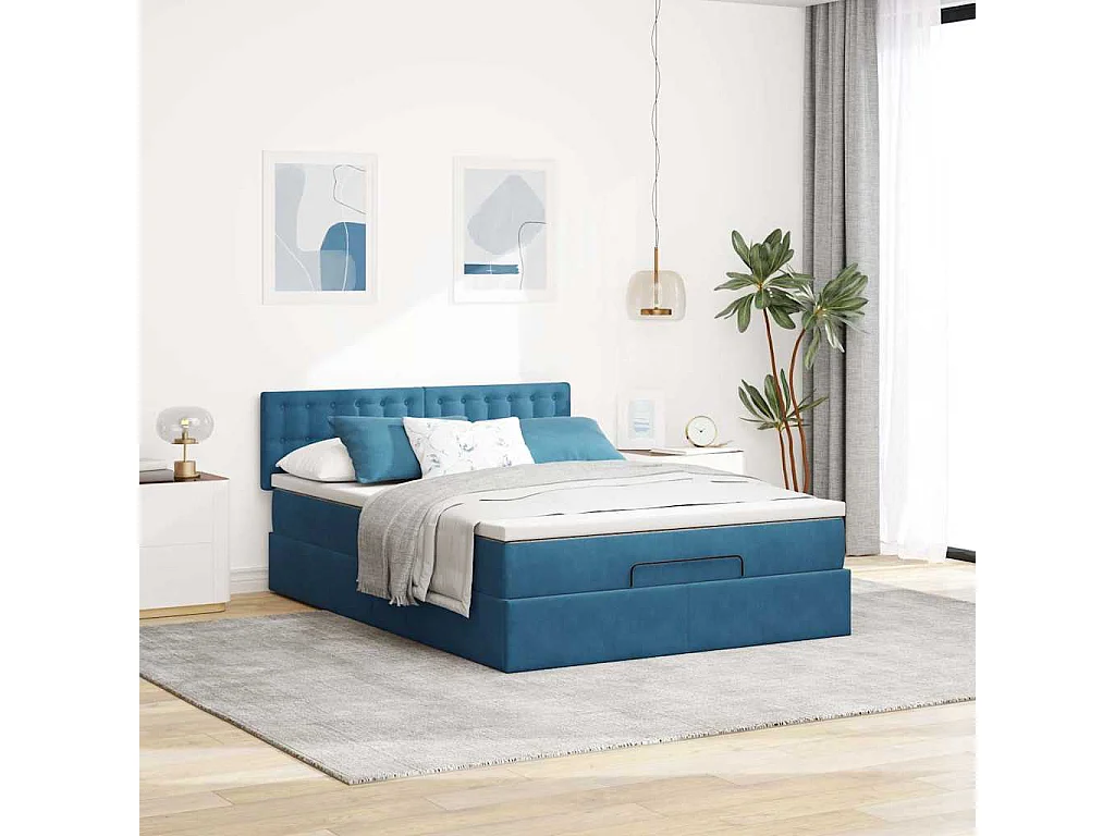 Cadre de lit ottoman avec matelas bleu foncé 140x200 cm velours