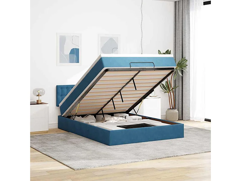 Cadre de lit ottoman avec matelas bleu foncé 140x200 cm velours