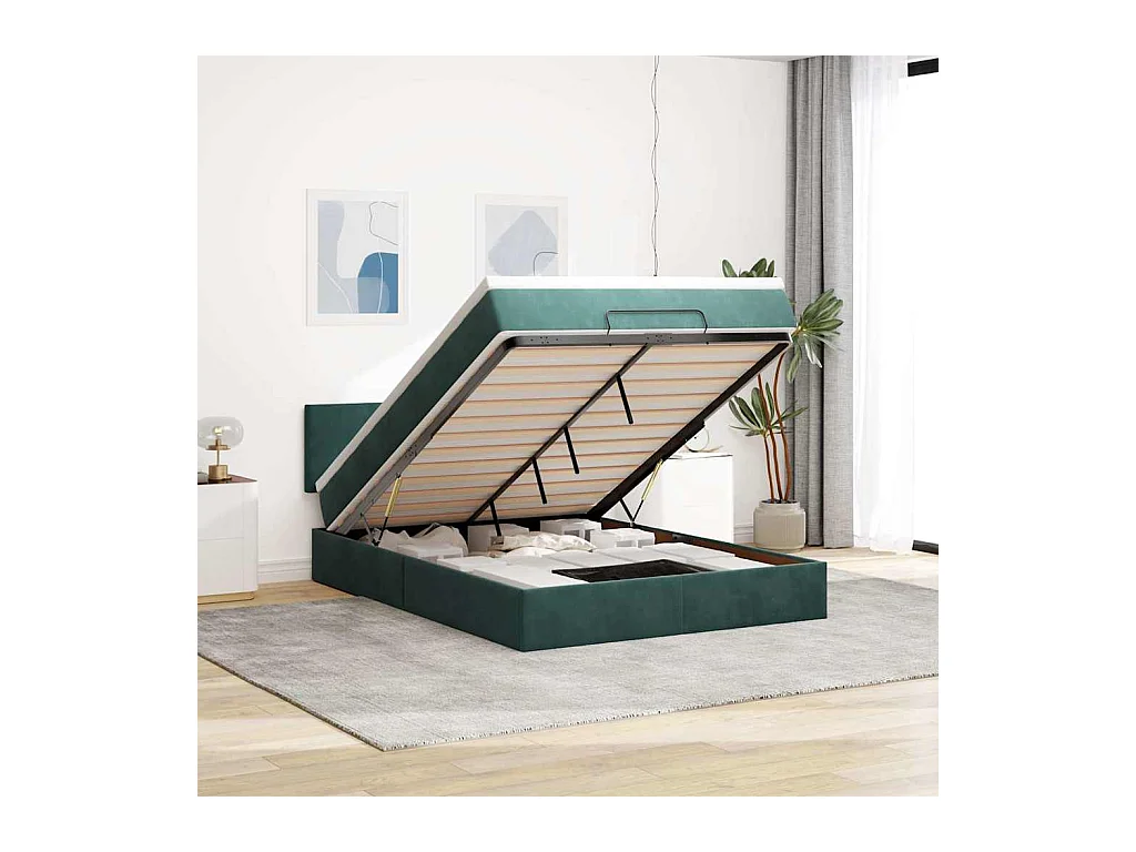 Estrutura de cama otomana com colchão 140x190cm verde escuro