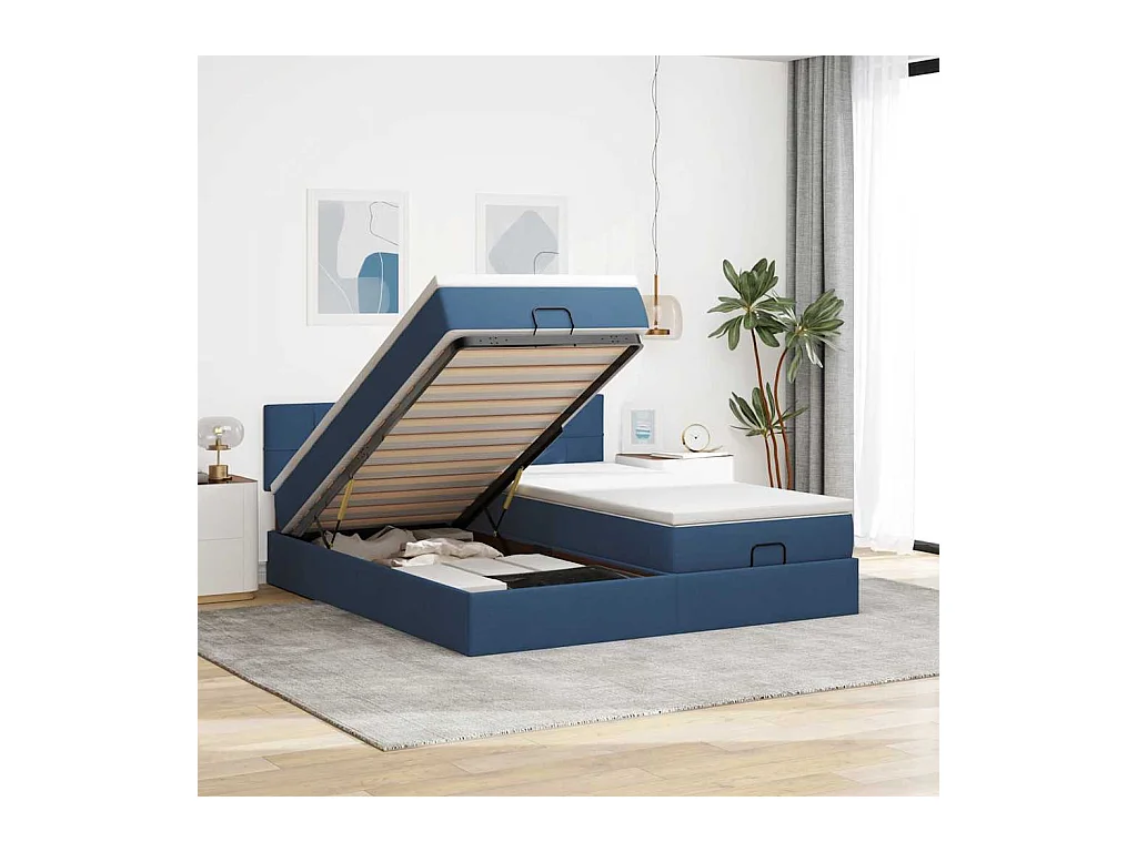 Cadre de lit ottoman avec matelas bleu 160x200 cm tissu