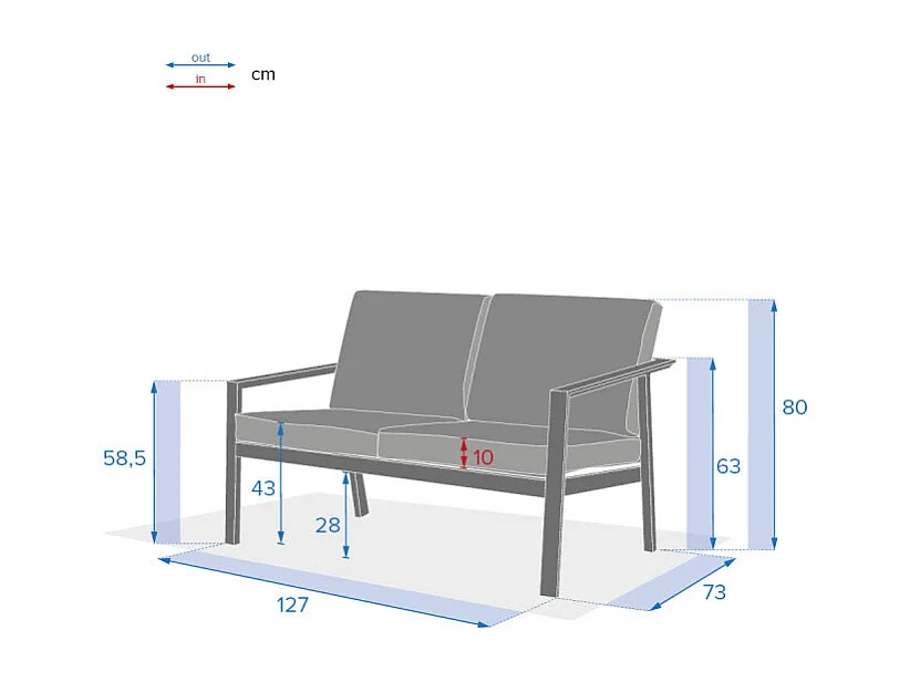 Sofá Exterior Pavane 2 Plazas Jardín Moderno Gris 121x73x63 cm