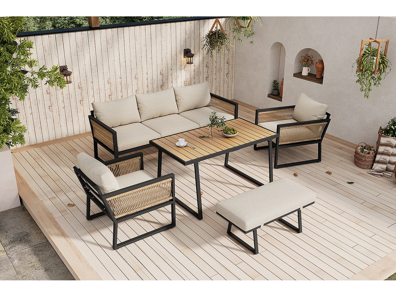 Salon de jardin modulable 6 places en acier galvanisé : 1 canapé 3 places + 2 fauteuils + 1 banc + table rectangulaire - Beige