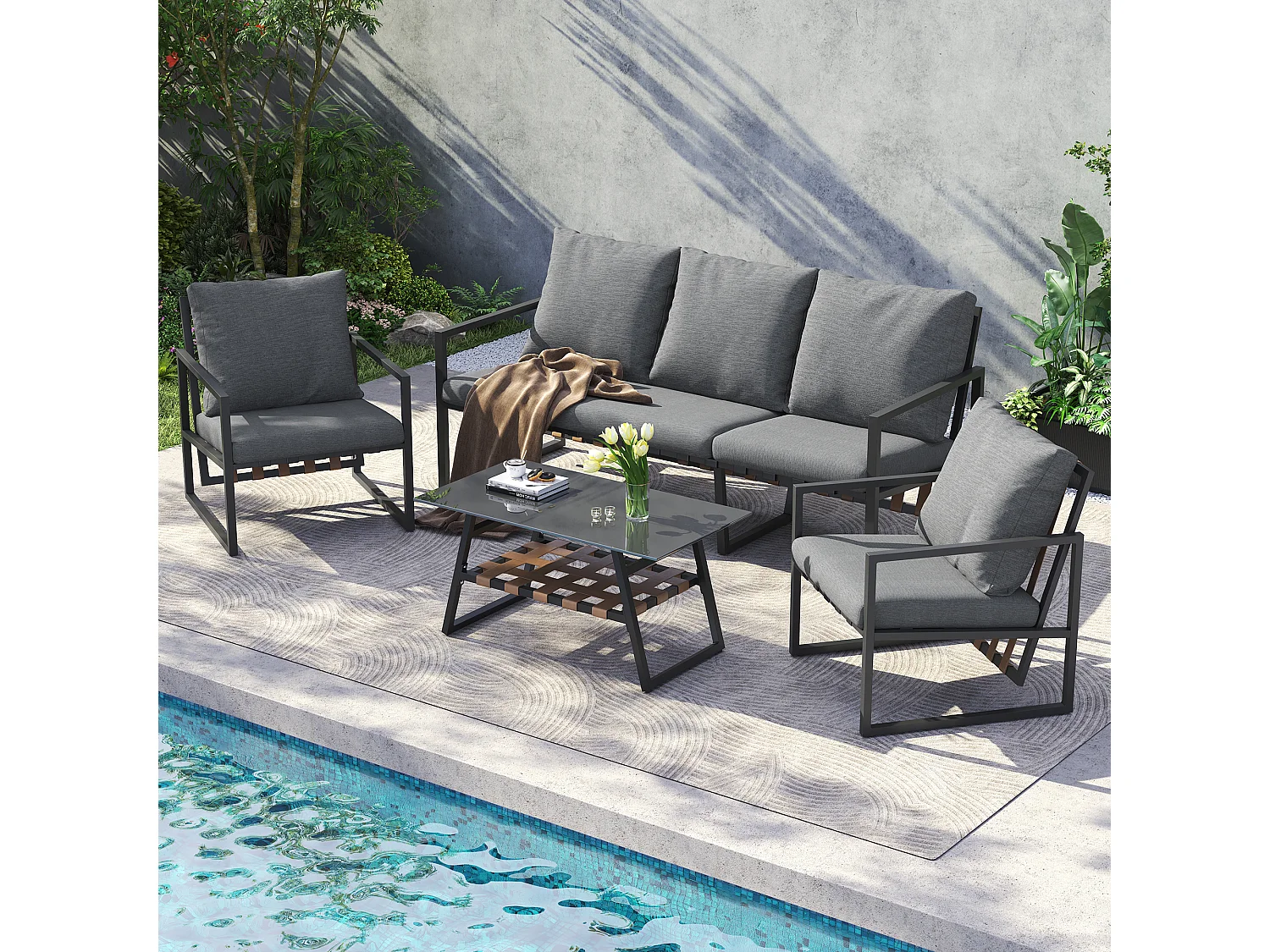 Conjunto de mobiliário de jardim modular de 5 lugares em aço galvanizado: 1 sofá de 3 lugares + 2 cadeirões + mesa de centro retangular - Cinza