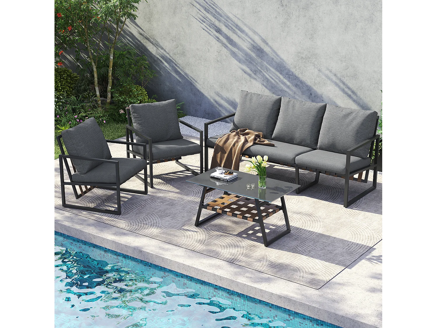 Conjunto de mobiliário de jardim modular de 5 lugares em aço galvanizado: 1 sofá de 3 lugares + 2 cadeirões + mesa de centro retangular - Cinza