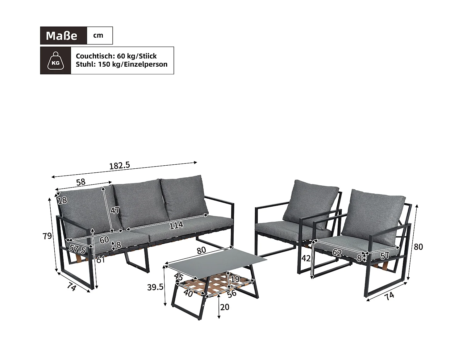 Conjunto de mobiliário de jardim modular de 5 lugares em aço galvanizado: 1 sofá de 3 lugares + 2 cadeirões + mesa de centro retangular - Cinza