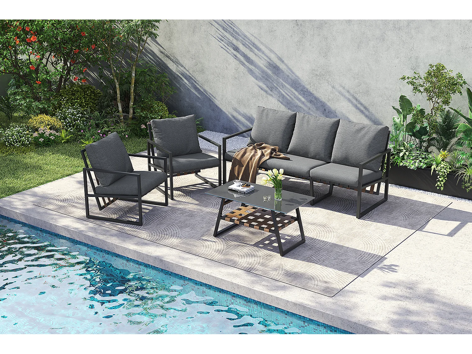 Conjunto de mobiliário de jardim modular de 5 lugares em aço galvanizado: 1 sofá de 3 lugares + 2 cadeirões + mesa de centro retangular - Cinza