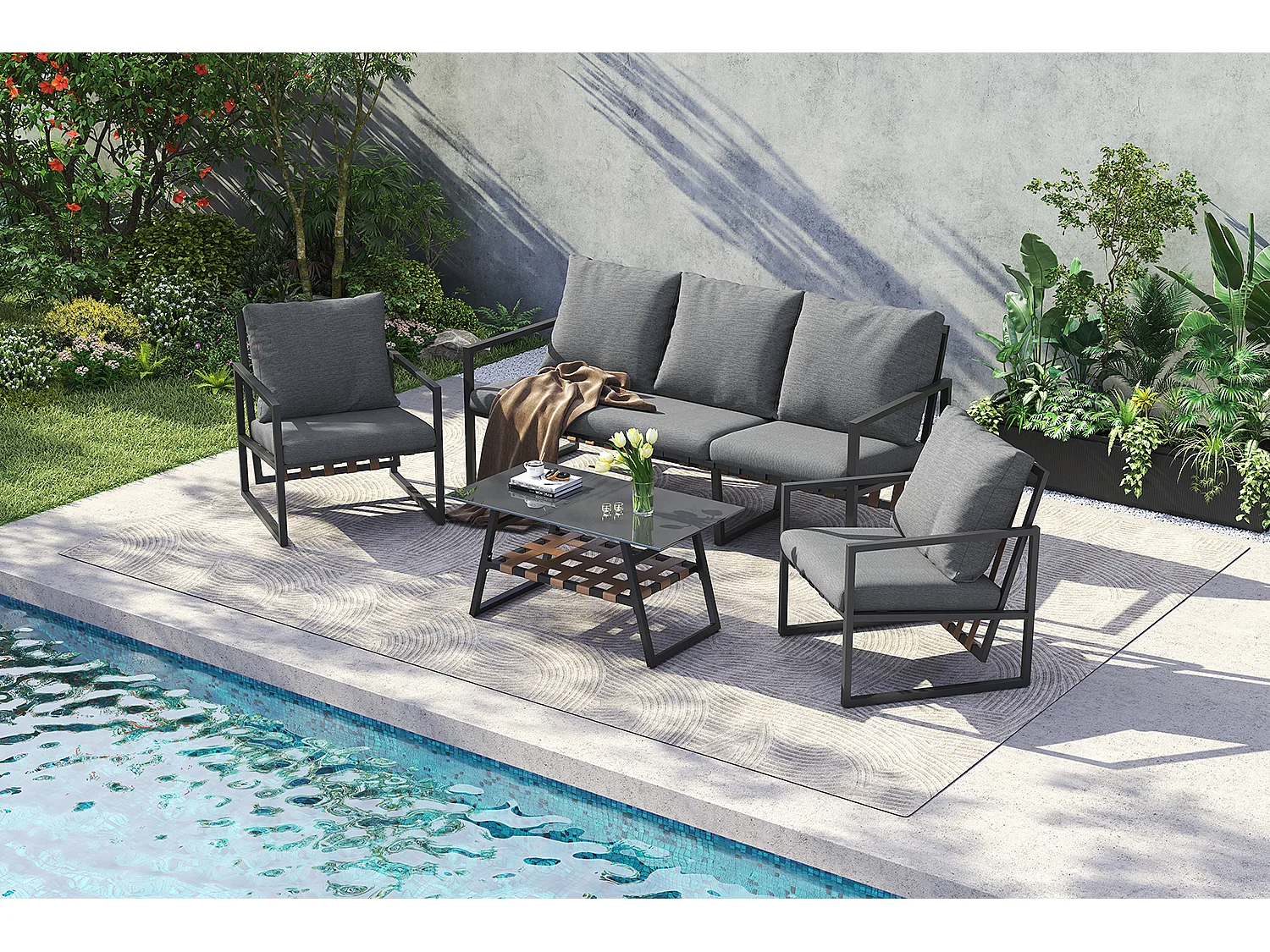 Conjunto de mobiliário de jardim modular de 5 lugares em aço galvanizado: 1 sofá de 3 lugares + 2 cadeirões + mesa de centro retangular - Cinza