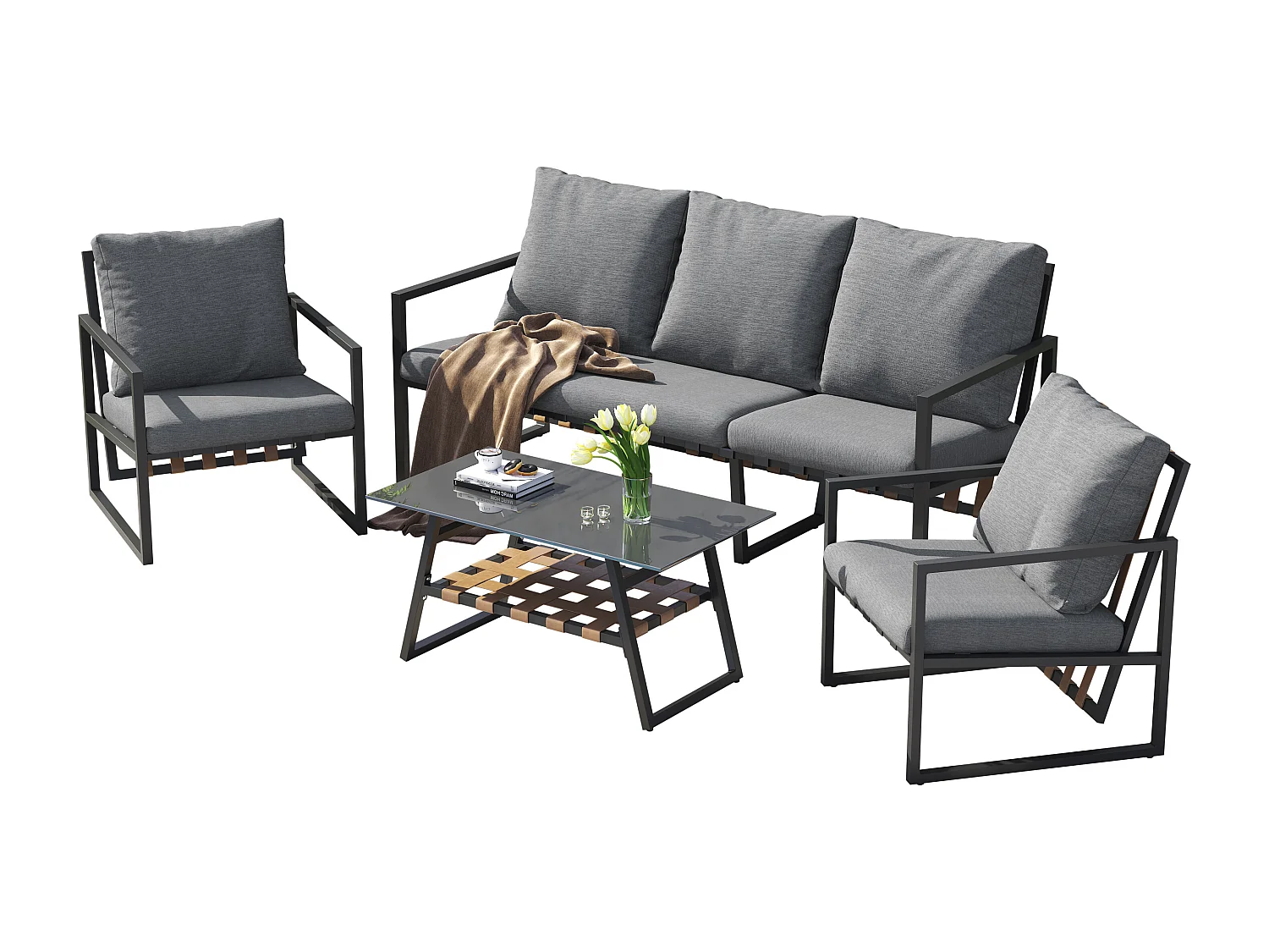 Conjunto de mobiliário de jardim modular de 5 lugares em aço galvanizado: 1 sofá de 3 lugares + 2 cadeirões + mesa de centro retangular - Cinza