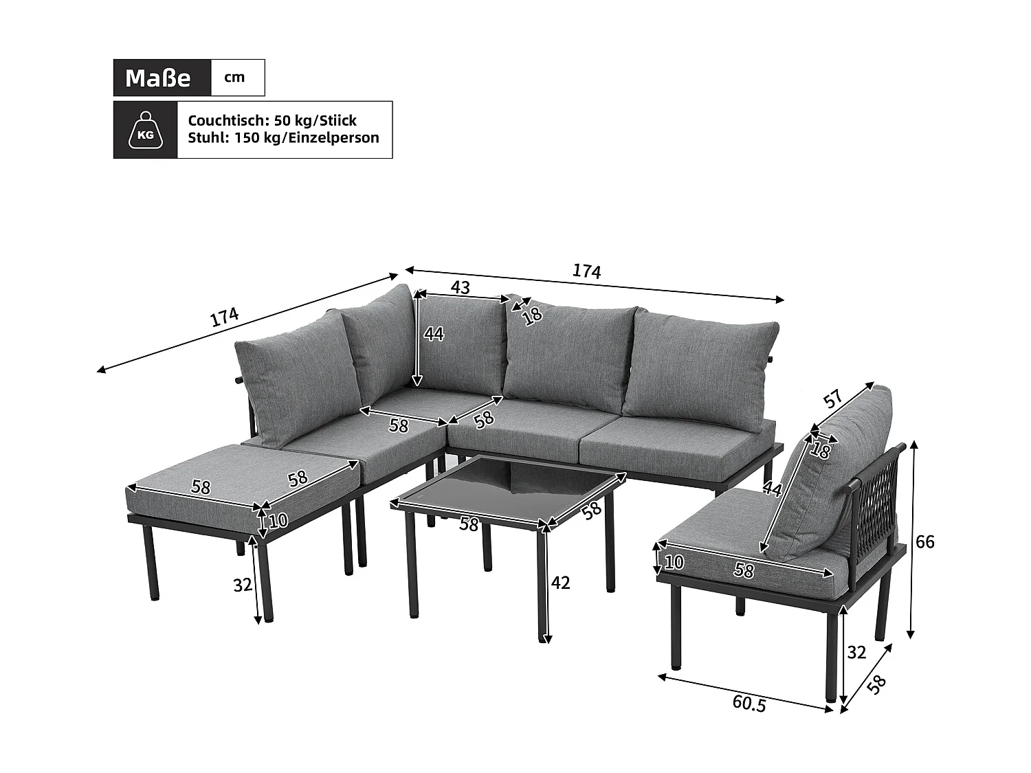 Set di mobili da giardino componibili da 6 posti in acciaio zincato: 1 divano 2 posti + 1 divano 2 posti + 1 sgabello + 1 tavolino quadrato - Grigio