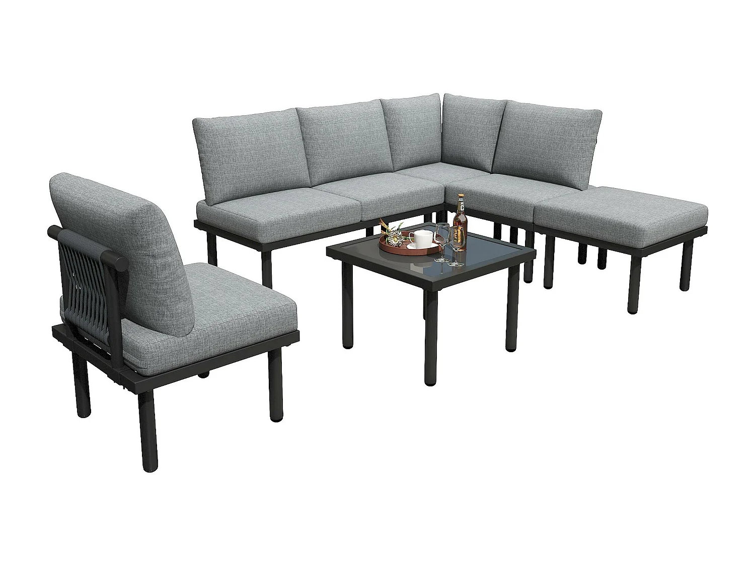 Set di mobili da giardino componibili da 6 posti in acciaio zincato: 1 divano 2 posti + 1 divano 2 posti + 1 sgabello + 1 tavolino quadrato - Grigio