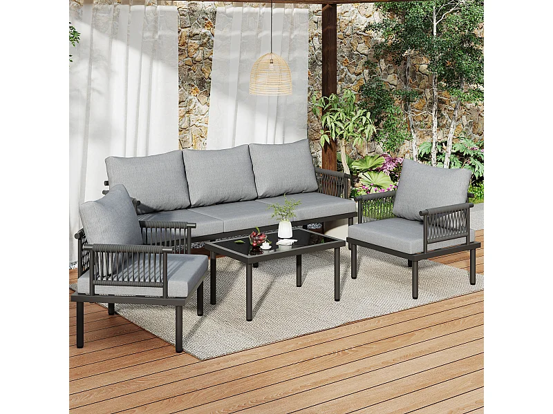 Zestaw mebli ogrodowych modułowych 5-osobowych ze stali ocynkowanej: 1 sofa 3-osobowa + 2 fotele + prostokątny stolik kawowy - Szary