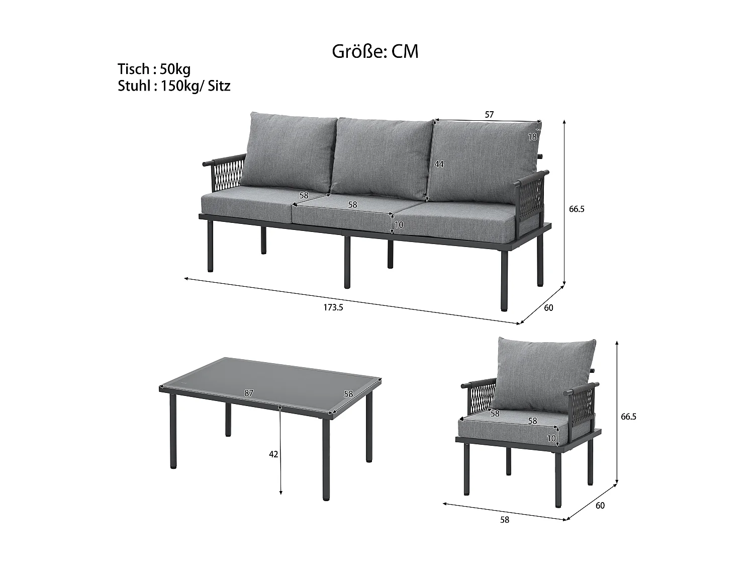 Zestaw mebli ogrodowych modułowych 5-osobowych ze stali ocynkowanej: 1 sofa 3-osobowa + 2 fotele + prostokątny stolik kawowy - Szary