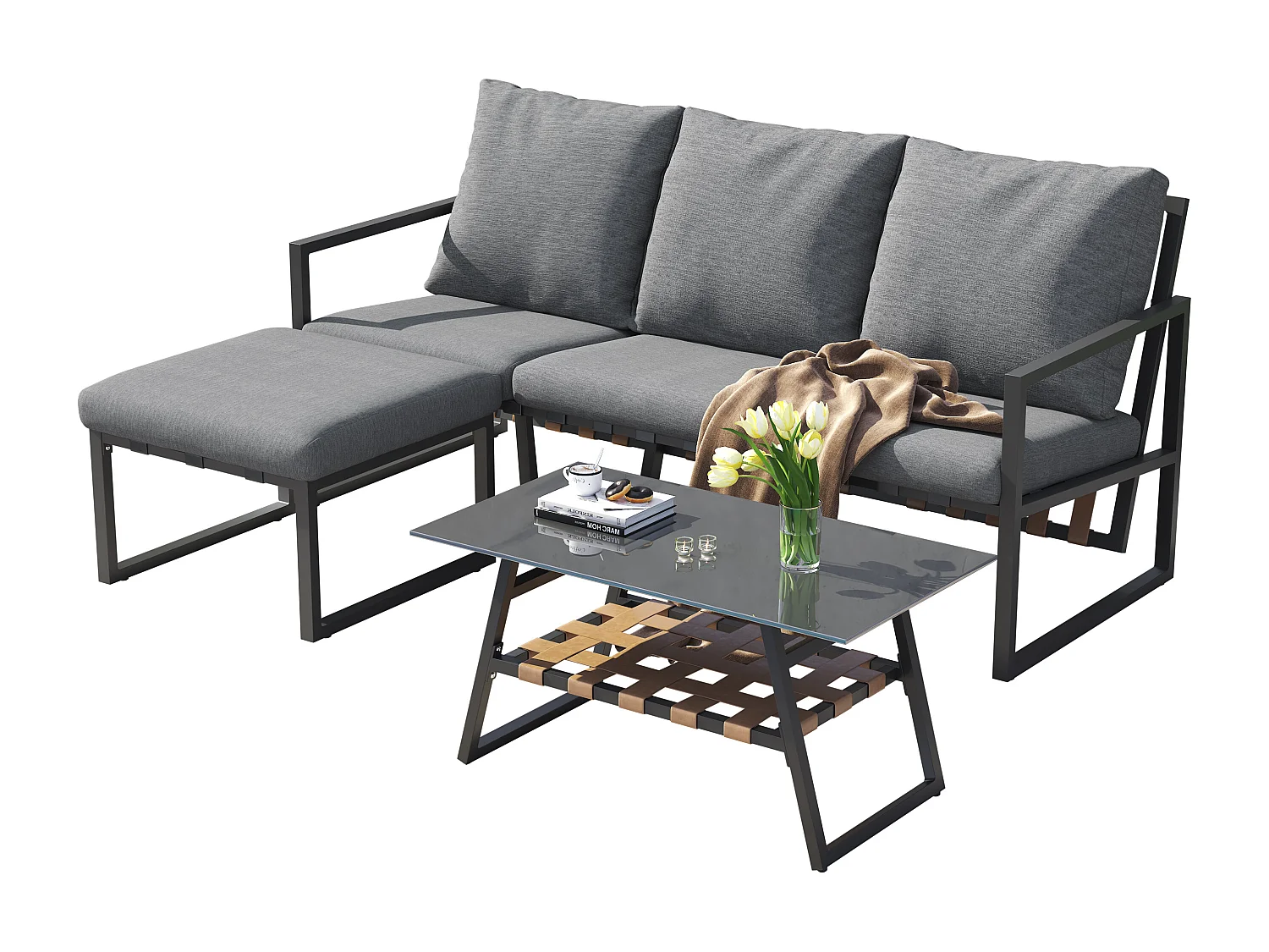 Salon de jardin modulable 4 places en acier galvanisé : 1 canapé 3 places + 1 tabouret + 1 table basse rectangulaire - Gris