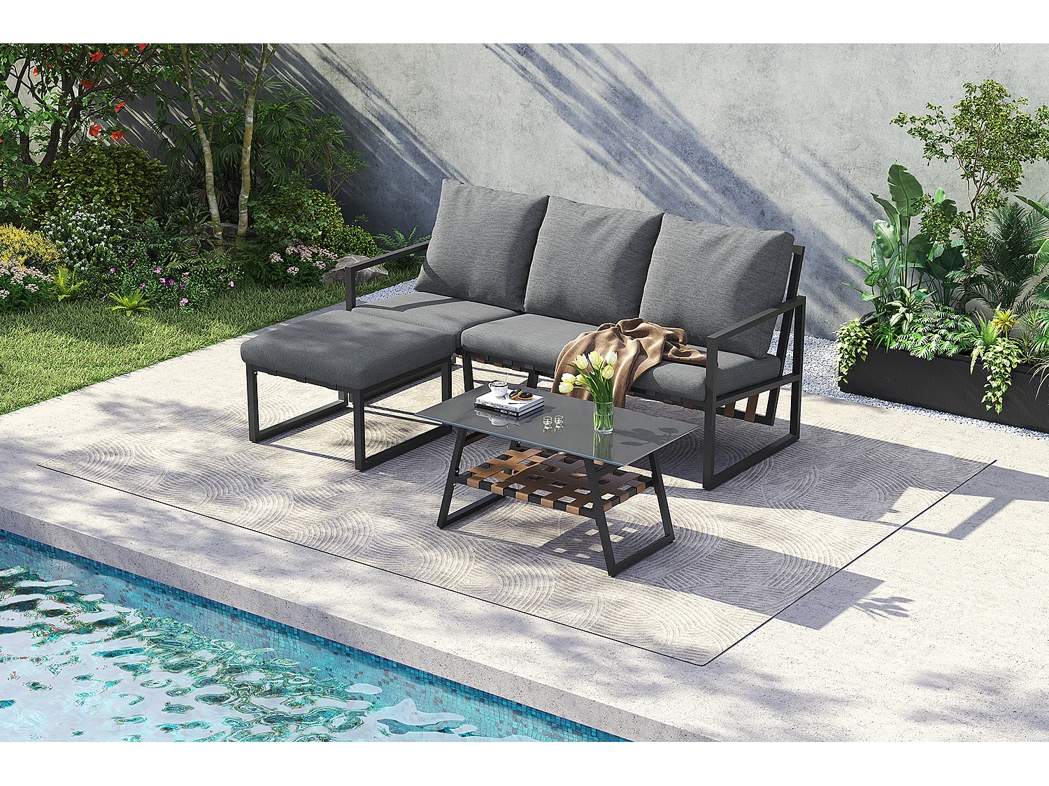 Salon de jardin modulable 4 places en acier galvanisé : 1 canapé 3 places + 1 tabouret + 1 table basse rectangulaire - Gris