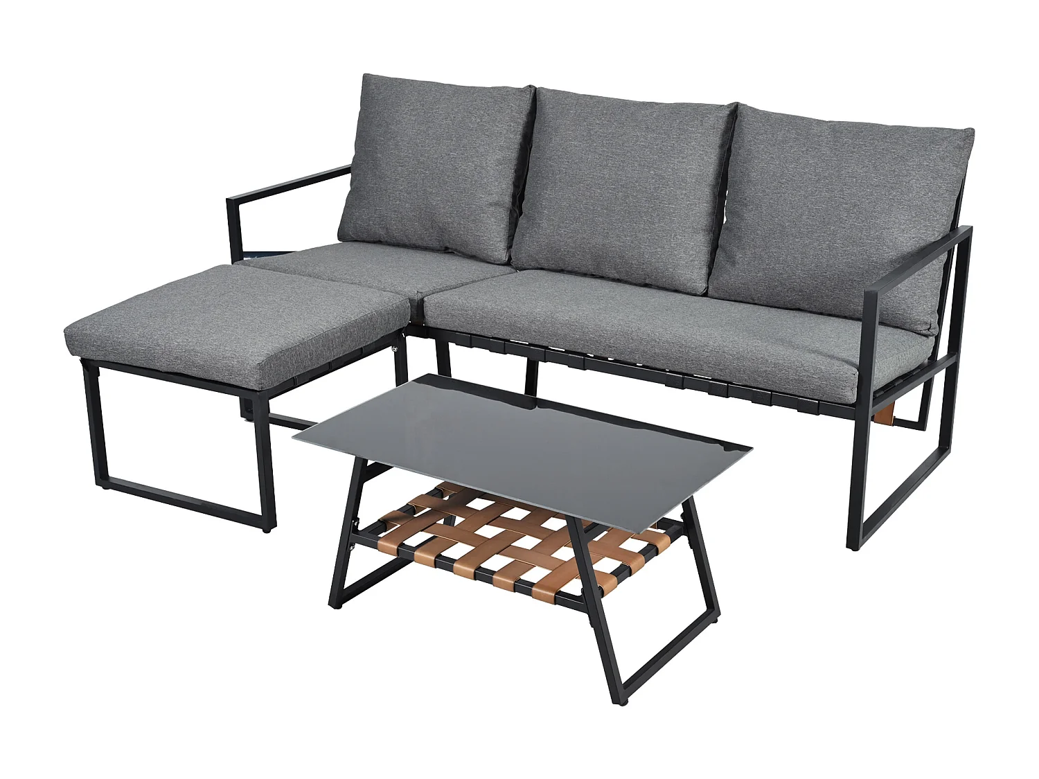 Salon de jardin modulable 4 places en acier galvanisé : 1 canapé 3 places + 1 tabouret + 1 table basse rectangulaire - Gris