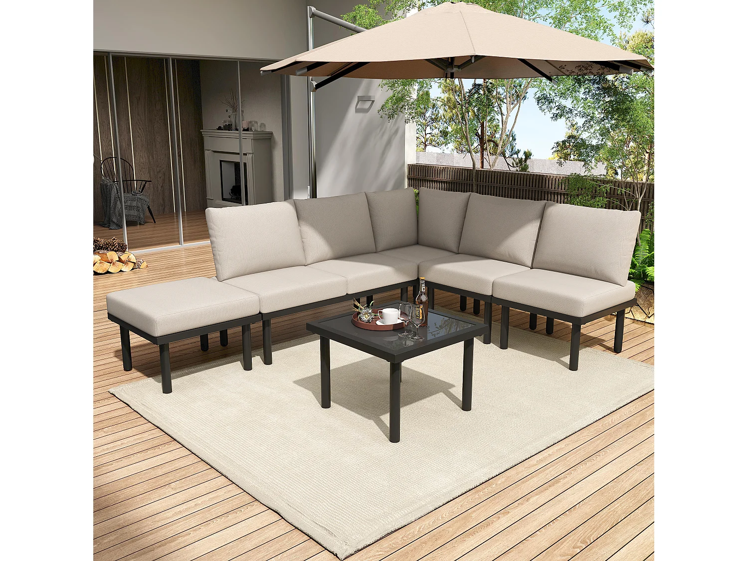 Modulaire tuinset voor 6 personen in gegalvaniseerd staal: 1 2-zitsbank + 1 2-zitsbank + 1 kruk + 1 vierkante salontafel - Beige