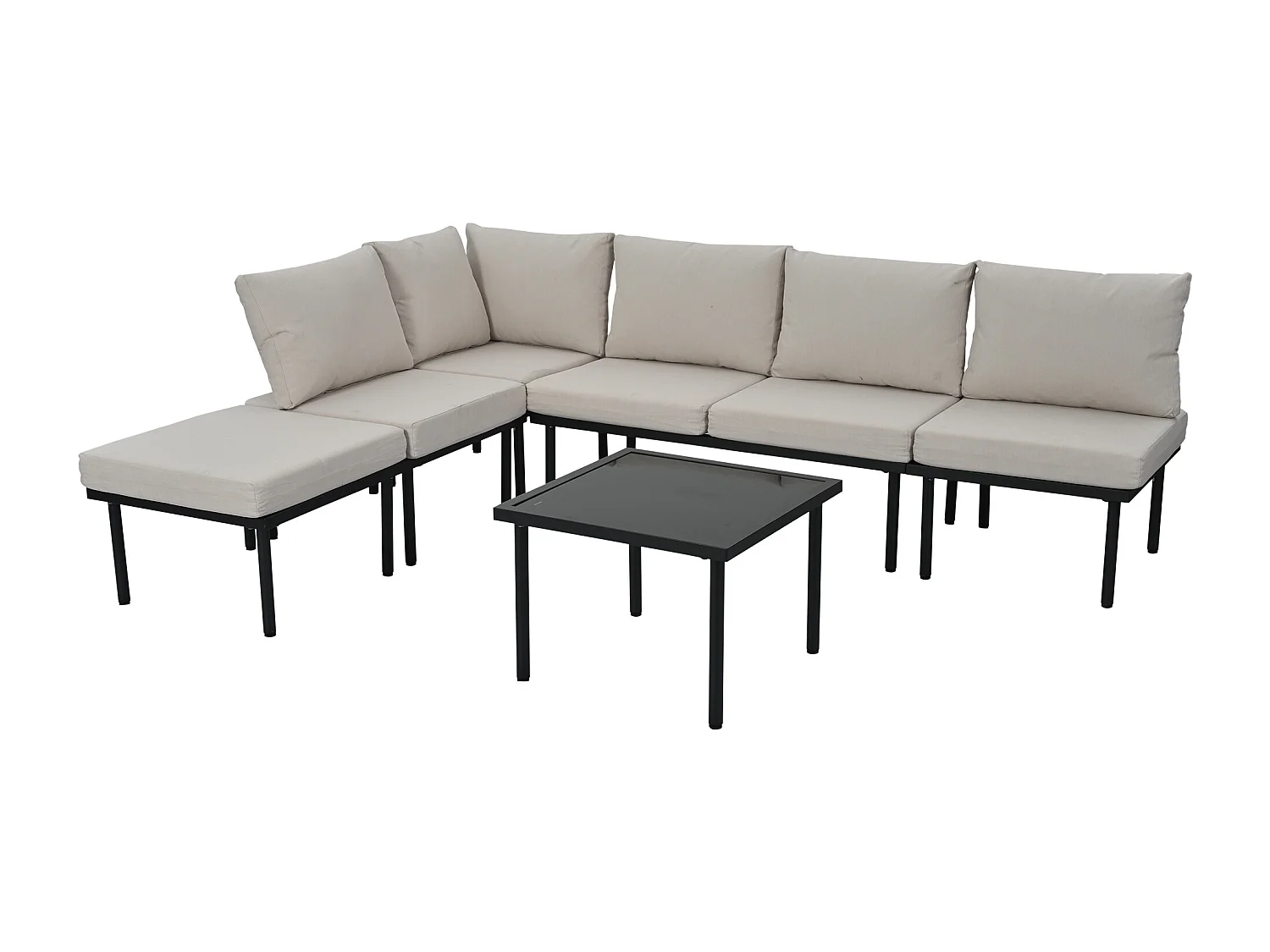 Modulaire tuinset voor 6 personen in gegalvaniseerd staal: 1 2-zitsbank + 1 2-zitsbank + 1 kruk + 1 vierkante salontafel - Beige
