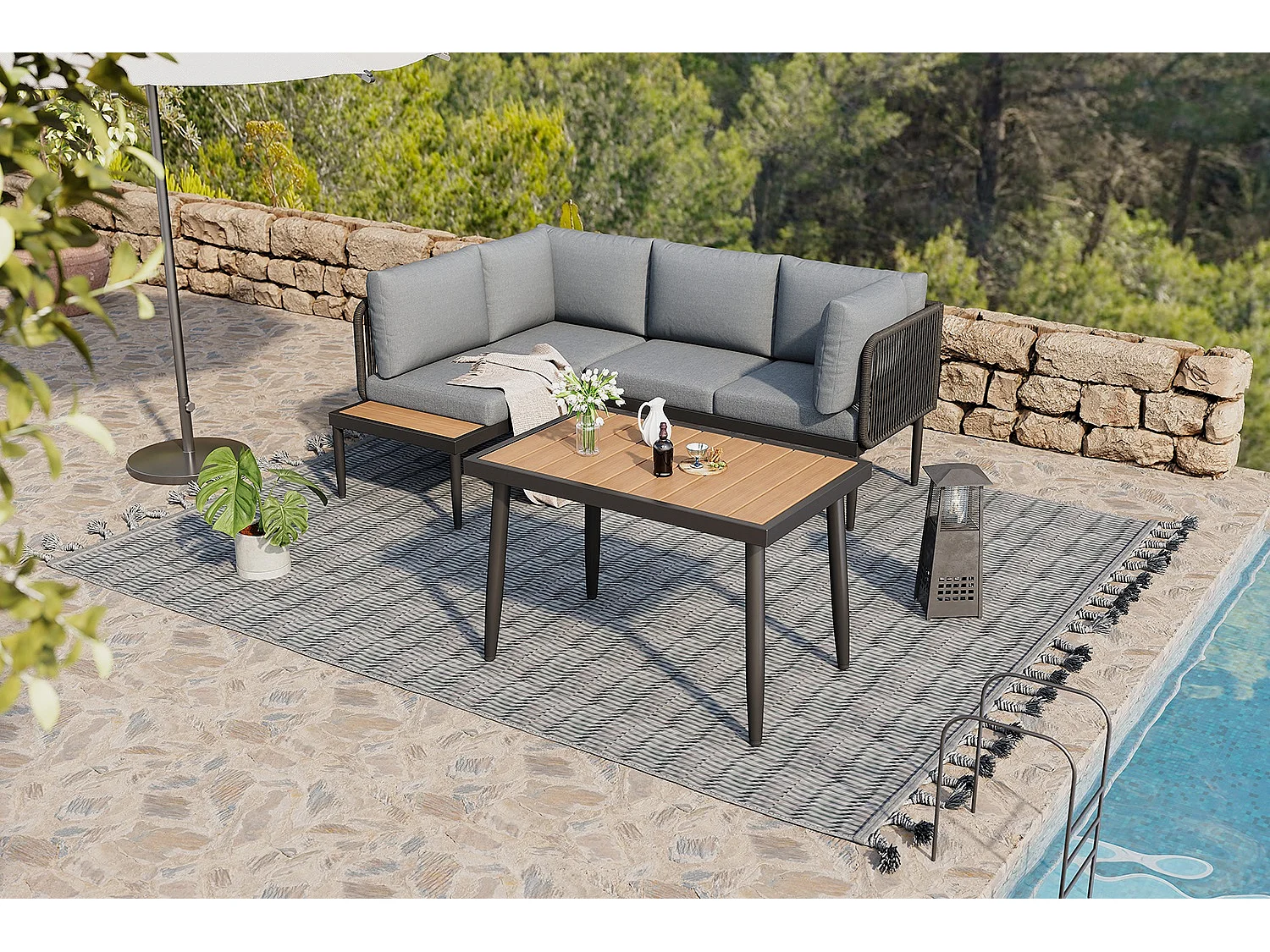 Salon de jardin d'angle 4 places en acier galvanisé : 2 canapés 2 places + 1 table rectangulaire - Beige