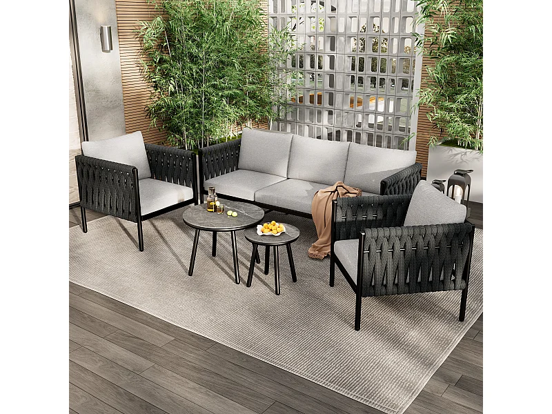 Salon de jardin modulable en acier galvanisé 5 places : 1 canapé 3 places + 2 fauteuils + tables gigognes rondes - Gris