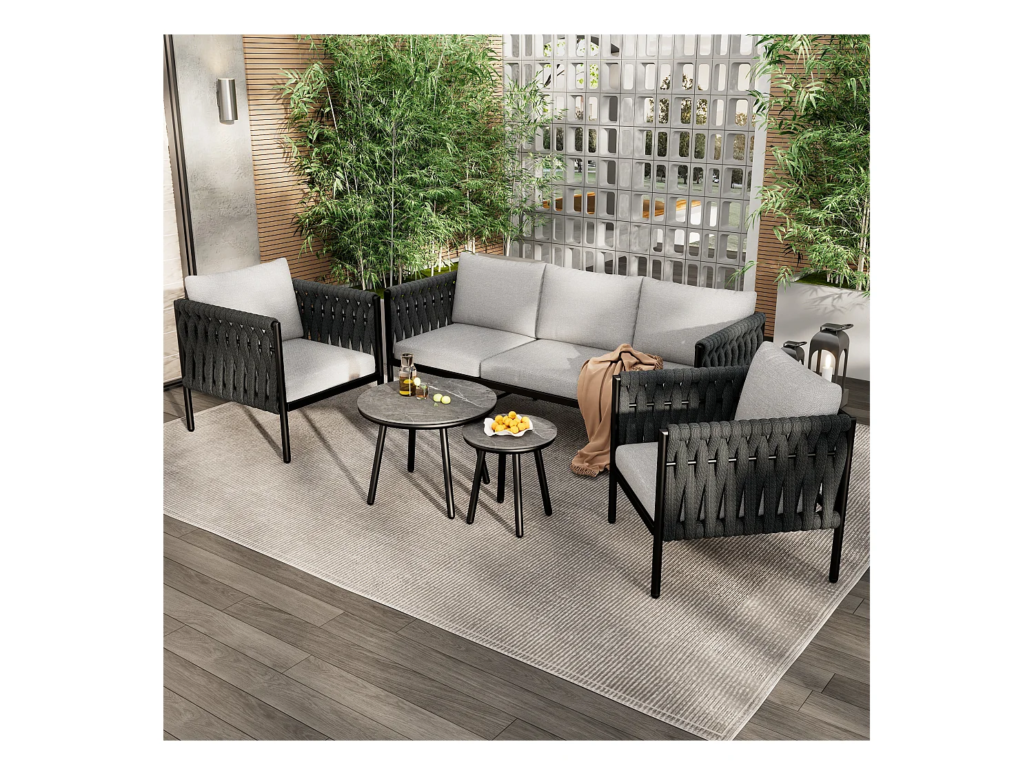 Salon de jardin modulable en acier galvanisé 5 places : 1 canapé 3 places + 2 fauteuils + tables gigognes rondes - Gris