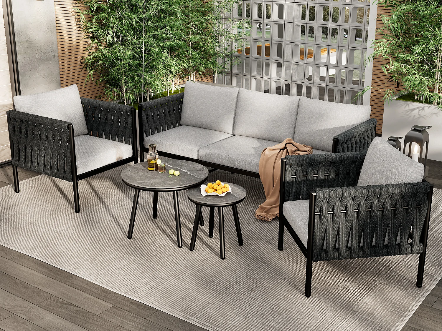 Salon de jardin modulable en acier galvanisé 5 places : 1 canapé 3 places + 2 fauteuils + tables gigognes rondes - Gris