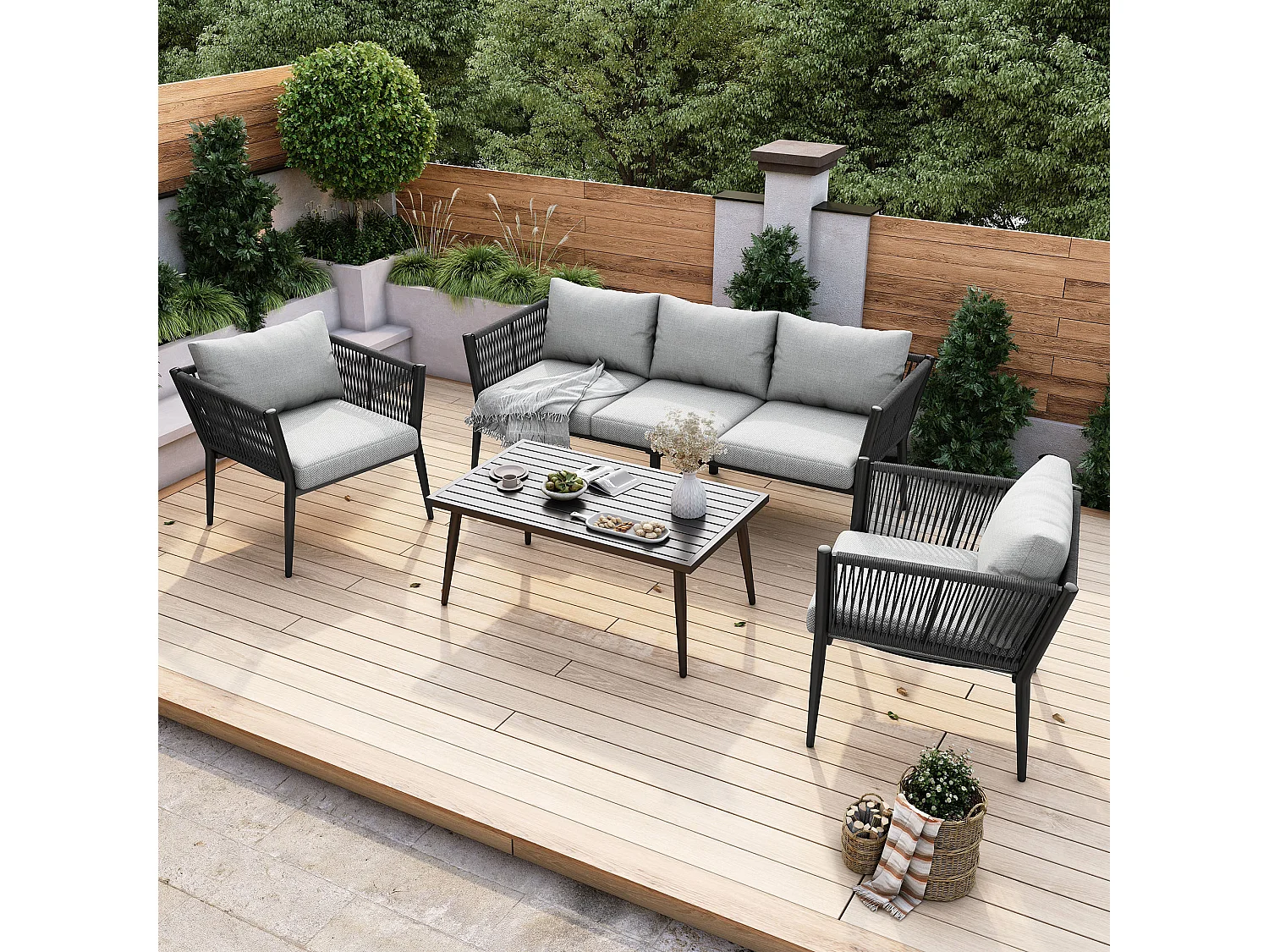 Salon de jardin modulable en acier galvanisé 5 places : 1 canapé 3 places + 2 fauteuils + 1 table basse rectangulaire - Gris