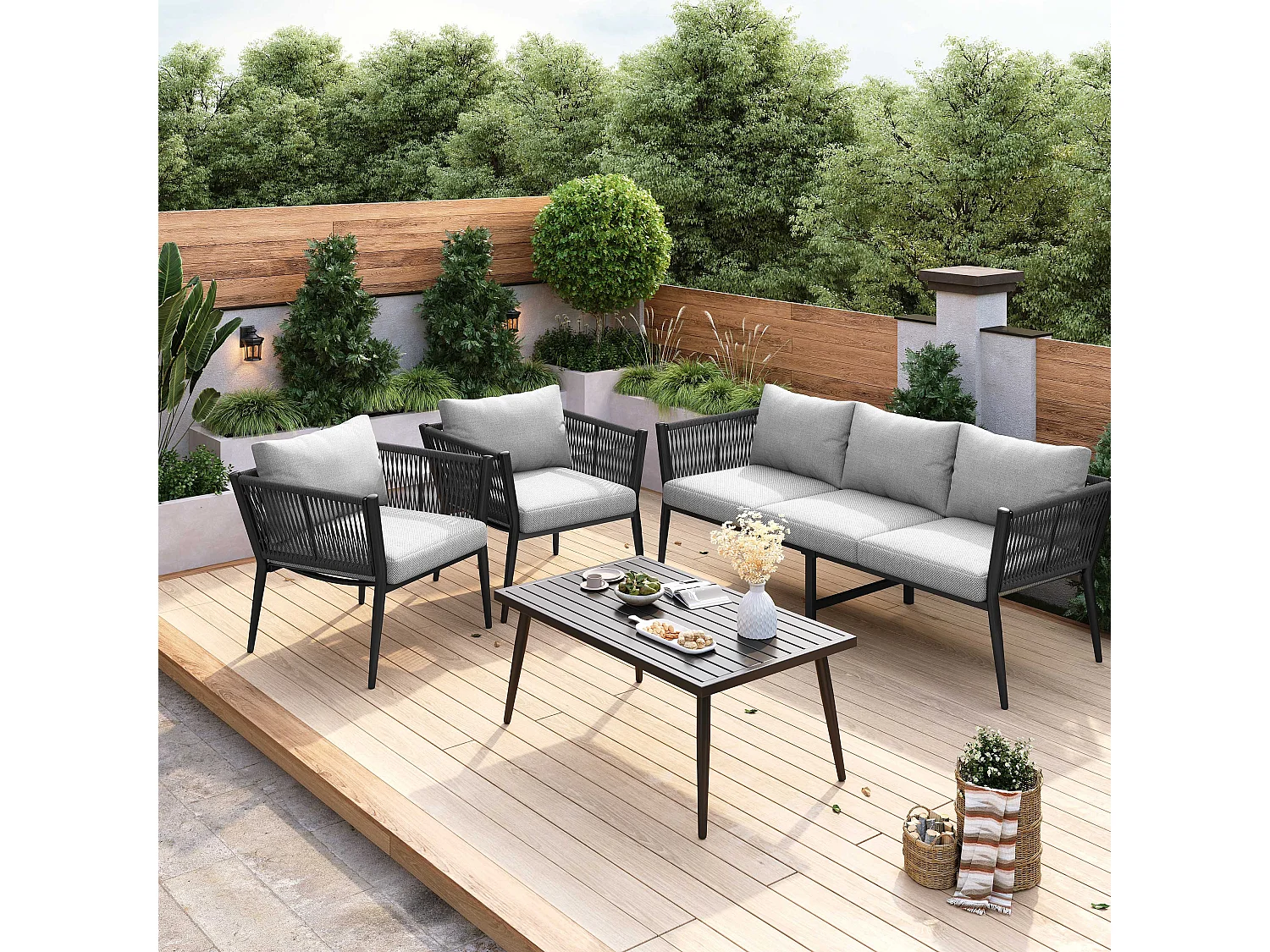 Salon de jardin modulable en acier galvanisé 5 places : 1 canapé 3 places + 2 fauteuils + 1 table basse rectangulaire - Gris