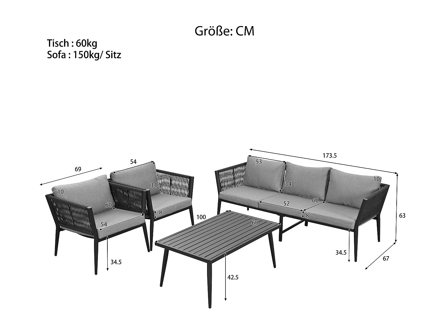 Salon de jardin modulable en acier galvanisé 5 places : 1 canapé 3 places + 2 fauteuils + 1 table basse rectangulaire - Gris