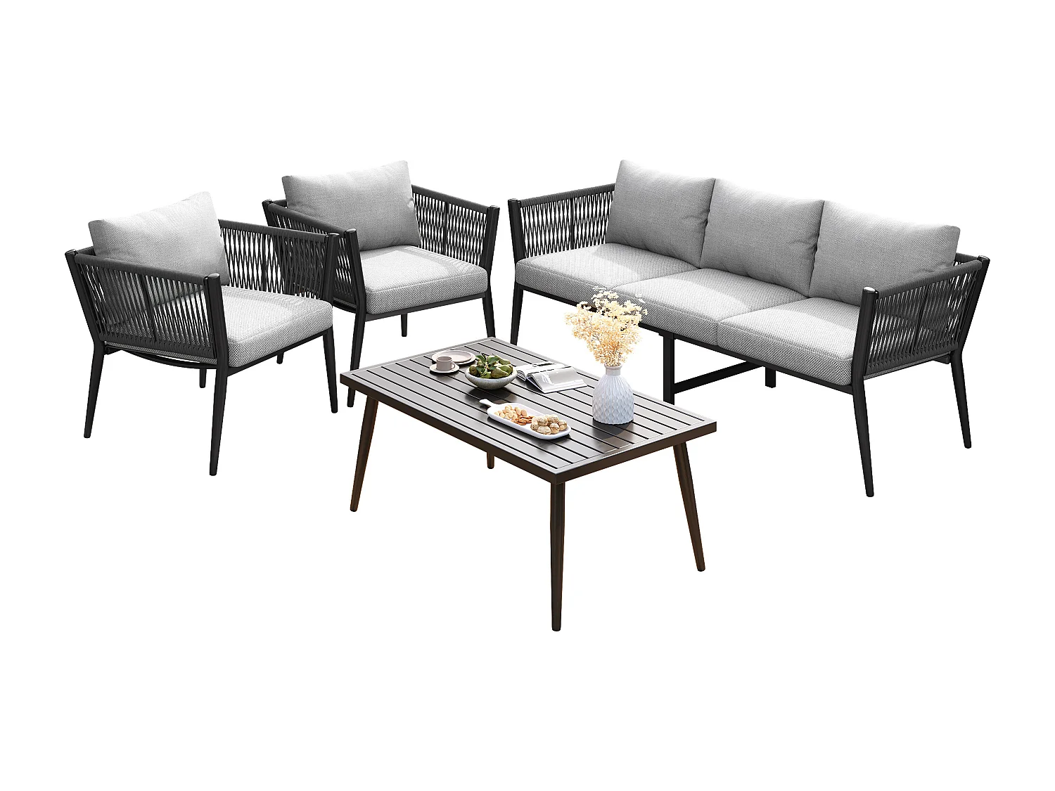 Salon de jardin modulable en acier galvanisé 5 places : 1 canapé 3 places + 2 fauteuils + 1 table basse rectangulaire - Gris