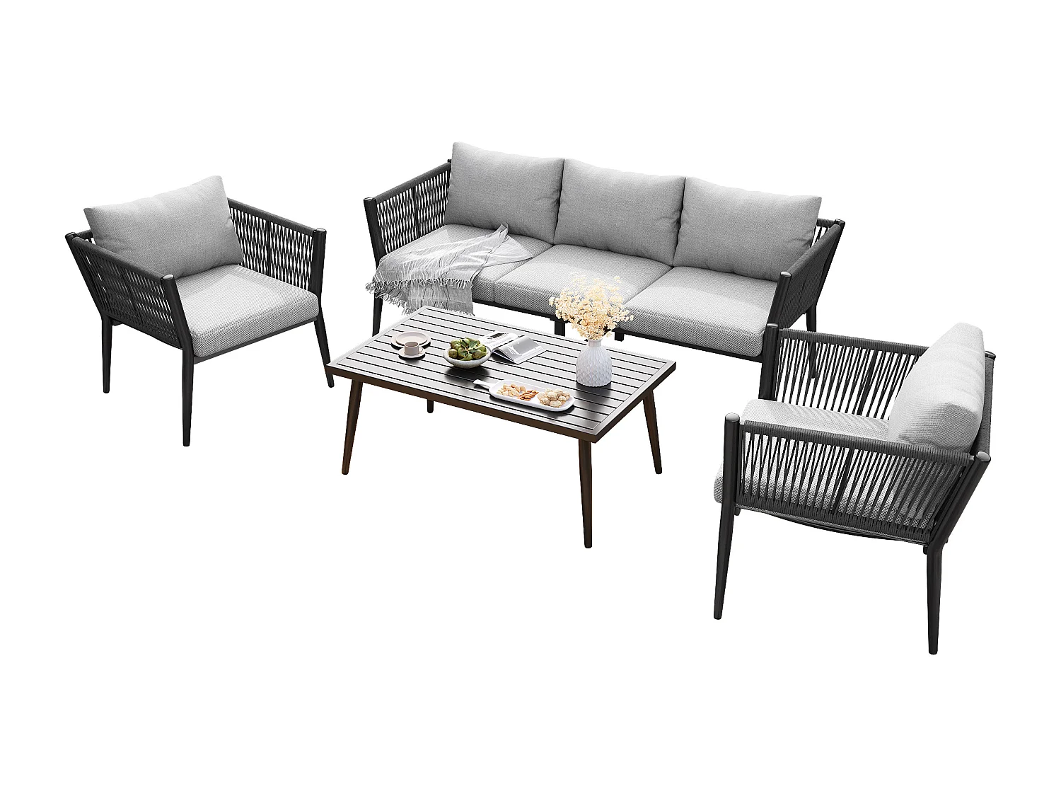 Salon de jardin modulable en acier galvanisé 5 places : 1 canapé 3 places + 2 fauteuils + 1 table basse rectangulaire - Gris