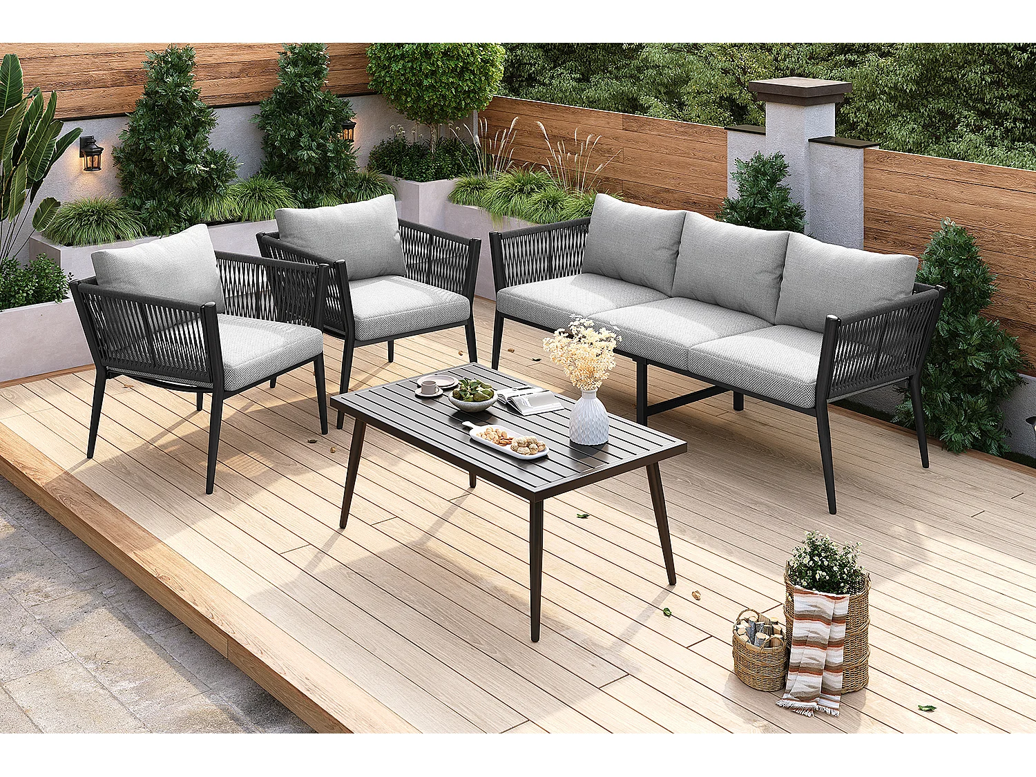 Salon de jardin modulable en acier galvanisé 5 places : 1 canapé 3 places + 2 fauteuils + 1 table basse rectangulaire - Gris