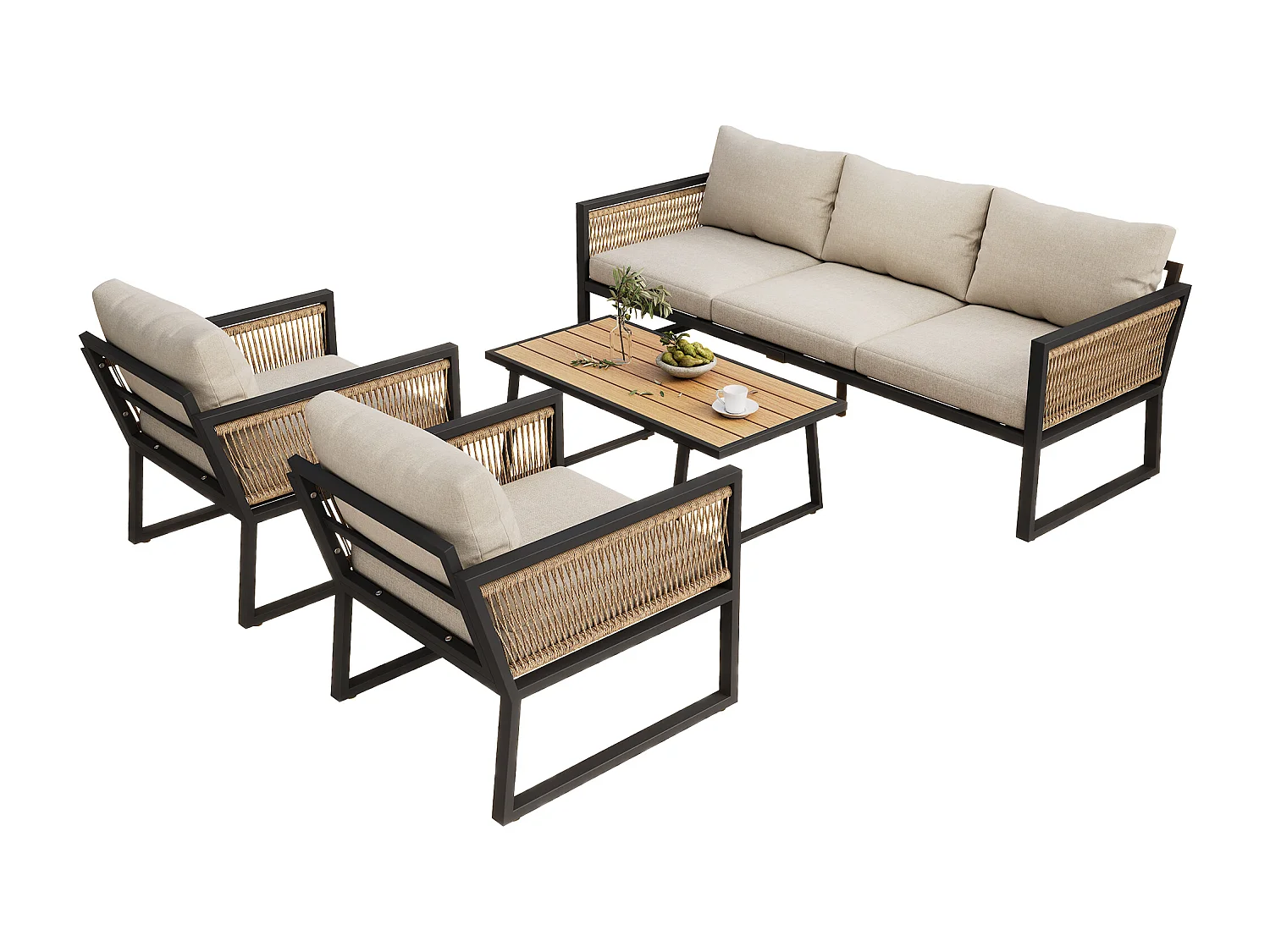 Salon de jardin modulable 5 places en acier galvanisé : 1 canapé 3 places + 2 fauteuils + table basse rectangulaire - Beige