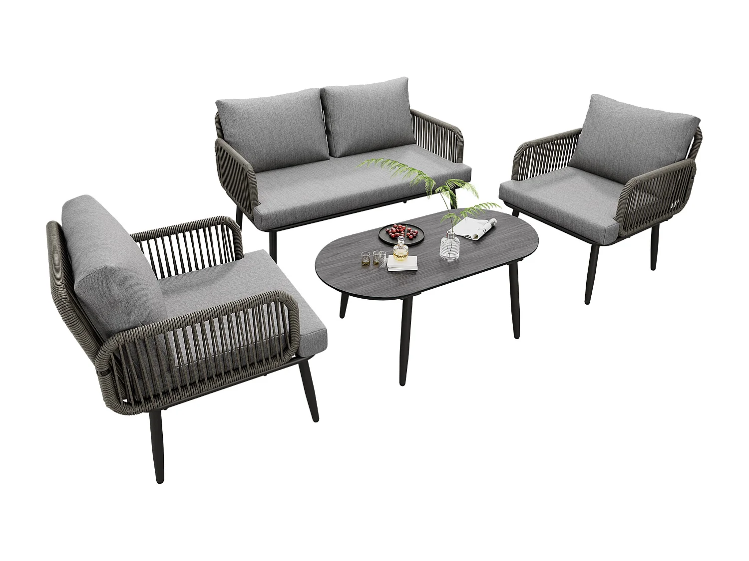 Salon de jardin modulable 4 places en acier galvanisé : 1 canapé 2 places + 2 fauteuils + table basse ovale - Gris
