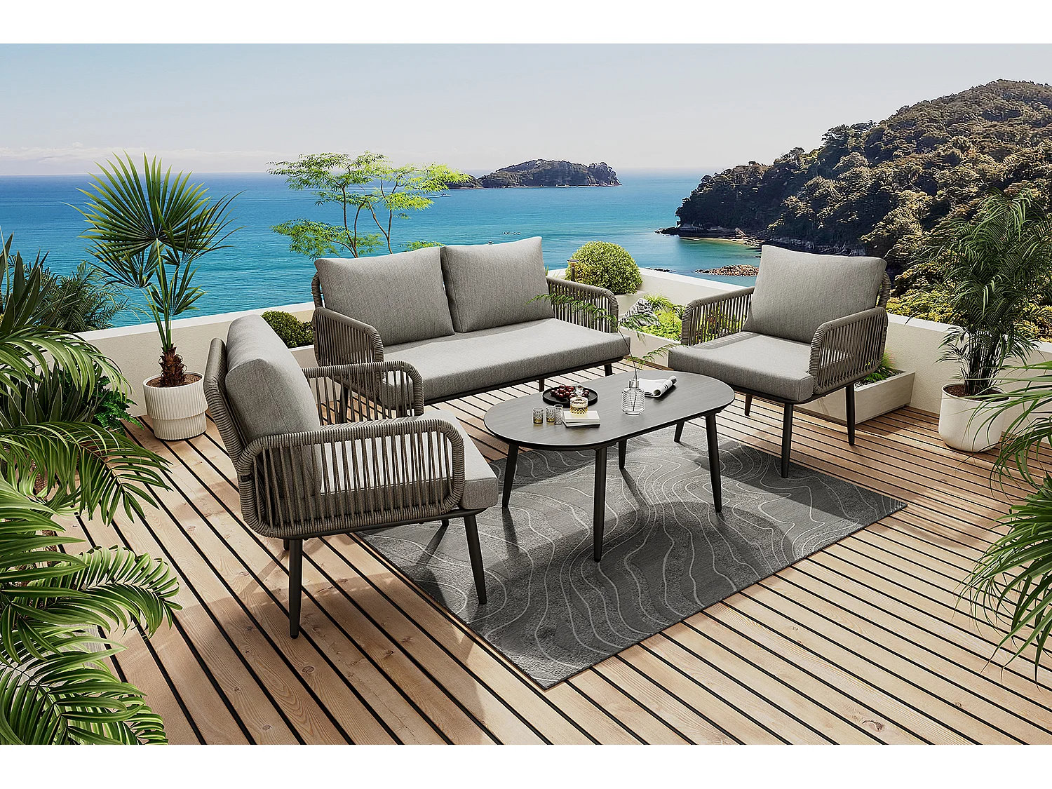 Salon de jardin modulable 4 places en acier galvanisé : 1 canapé 2 places + 2 fauteuils + table basse ovale - Gris