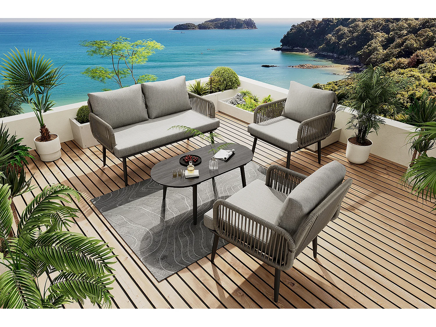 Salon de jardin modulable 4 places en acier galvanisé : 1 canapé 2 places + 2 fauteuils + table basse ovale - Gris