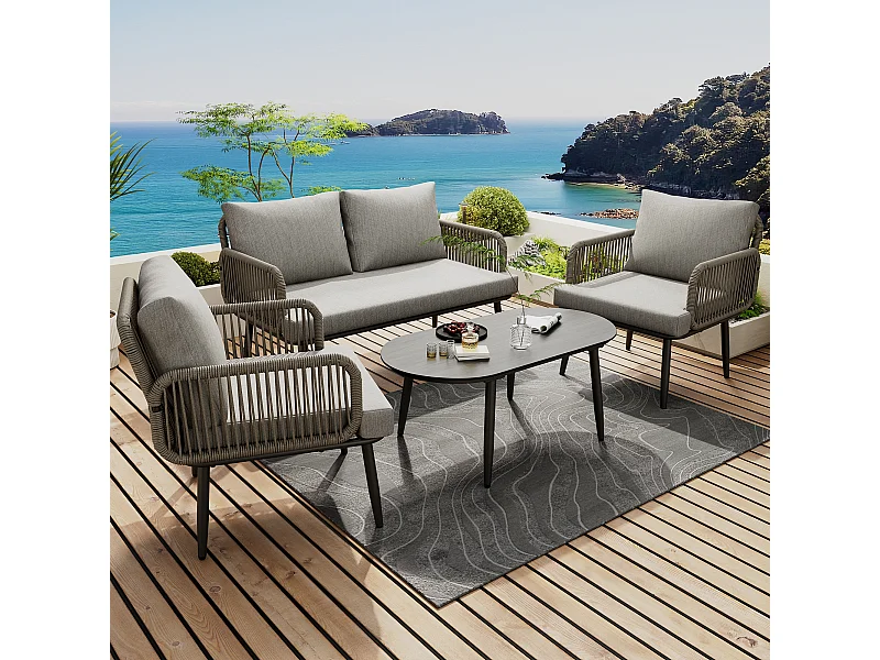 Salon de jardin modulable 4 places en acier galvanisé : 1 canapé 2 places + 2 fauteuils + table basse ovale - Gris