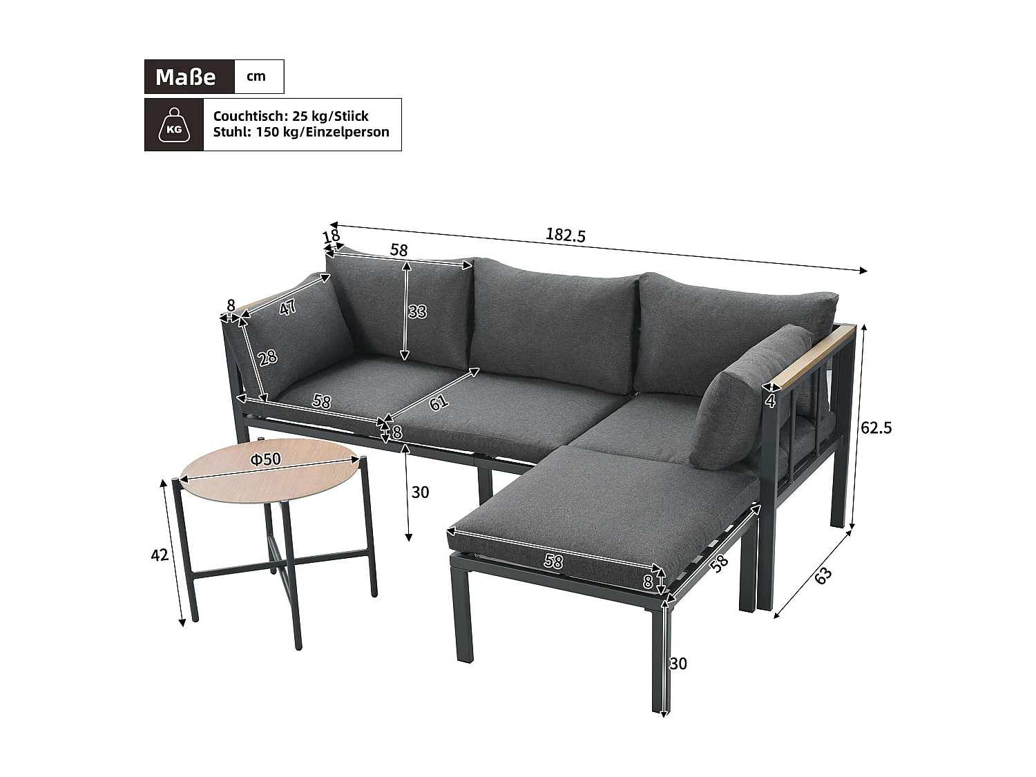 Conjunto de mobiliário de jardim modular de 4 lugares em aço galvanizado: 1 sofá de 3 lugares + 1 banco + 1 mesa de centro redonda - Cinza