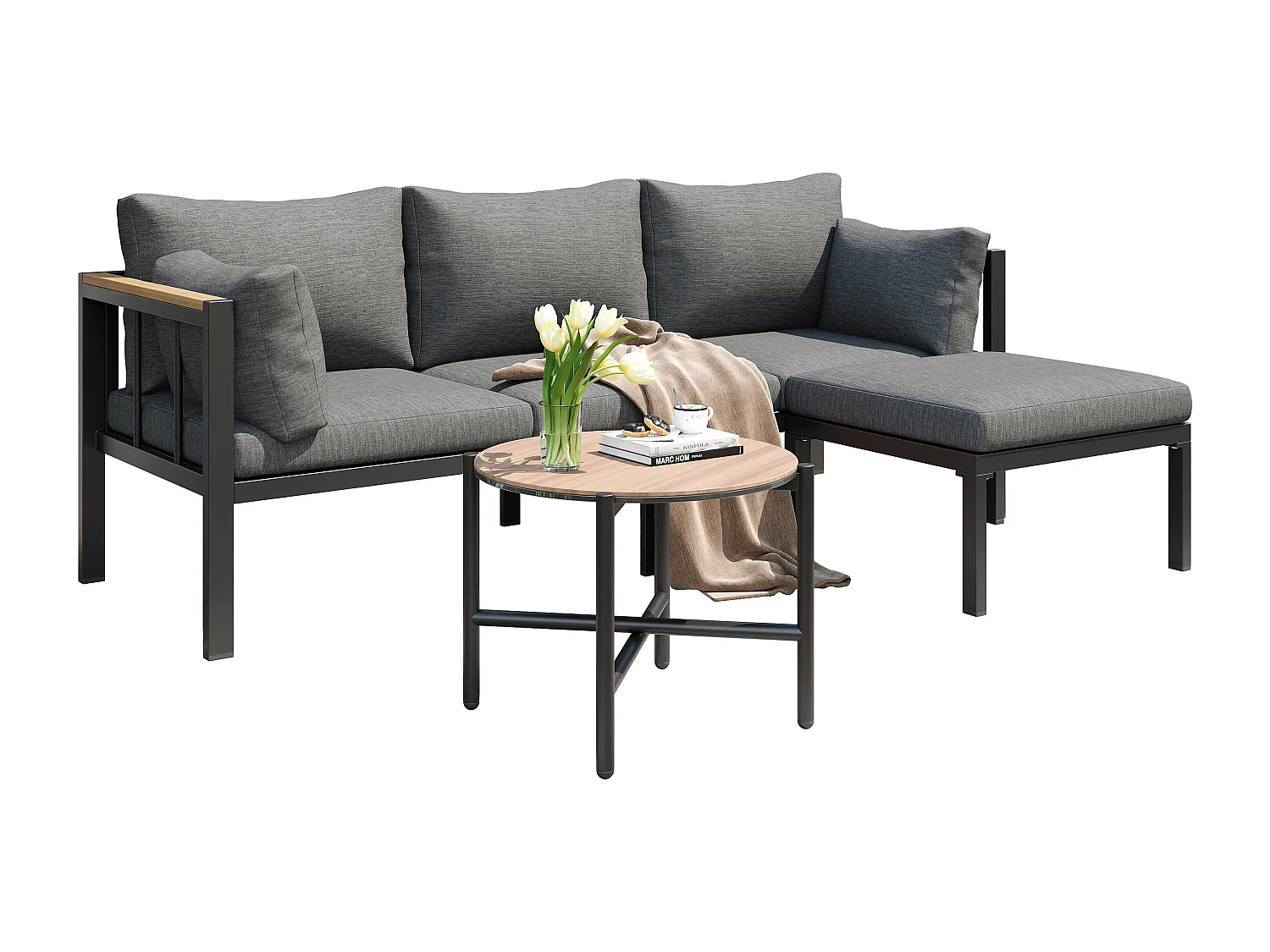 Conjunto de mobiliário de jardim modular de 4 lugares em aço galvanizado: 1 sofá de 3 lugares + 1 banco + 1 mesa de centro redonda - Cinza