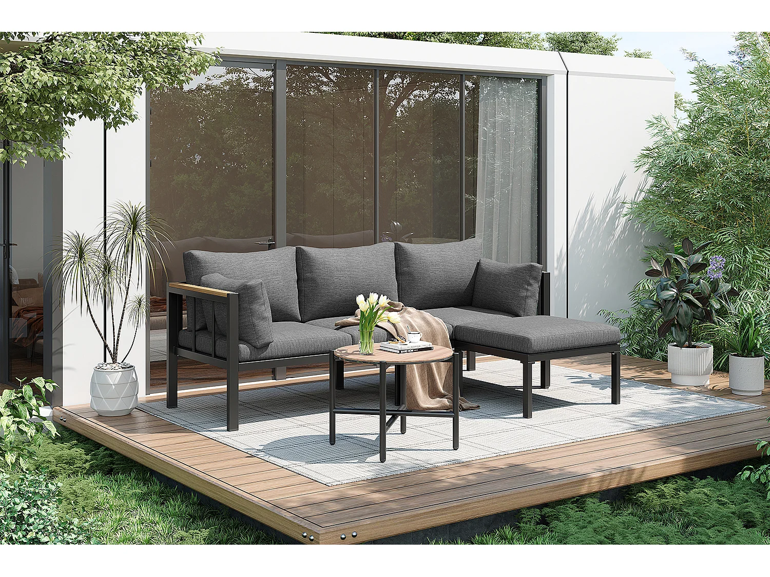 Conjunto de mobiliário de jardim modular de 4 lugares em aço galvanizado: 1 sofá de 3 lugares + 1 banco + 1 mesa de centro redonda - Cinza