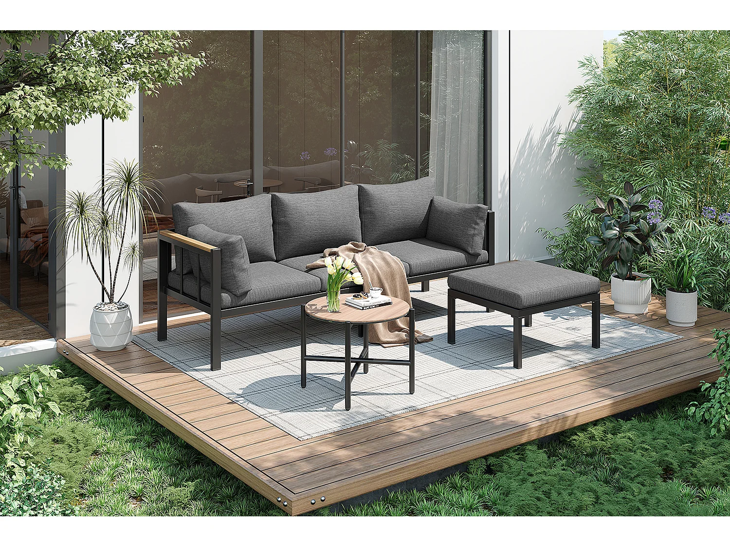 Conjunto de mobiliário de jardim modular de 4 lugares em aço galvanizado: 1 sofá de 3 lugares + 1 banco + 1 mesa de centro redonda - Cinza