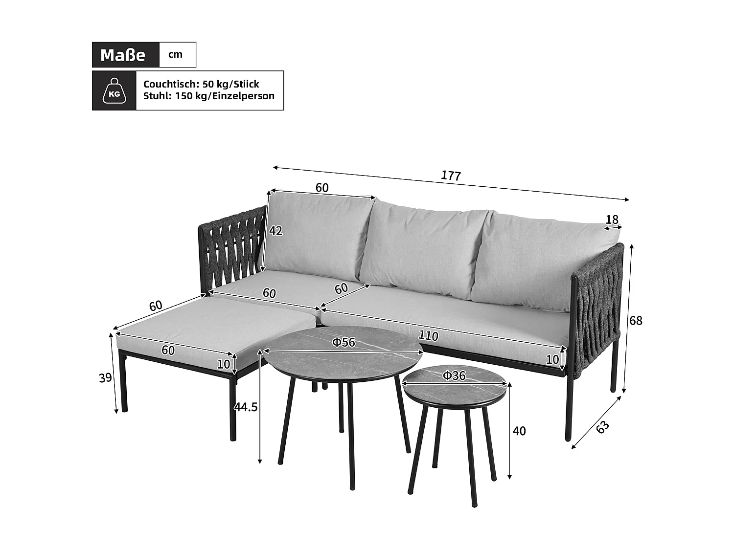 Modulaire tuinset voor 4 personen in gegalvaniseerd staal: 1 3-zitsbank + 1 kruk + 2 ronde salontafels - Grijs