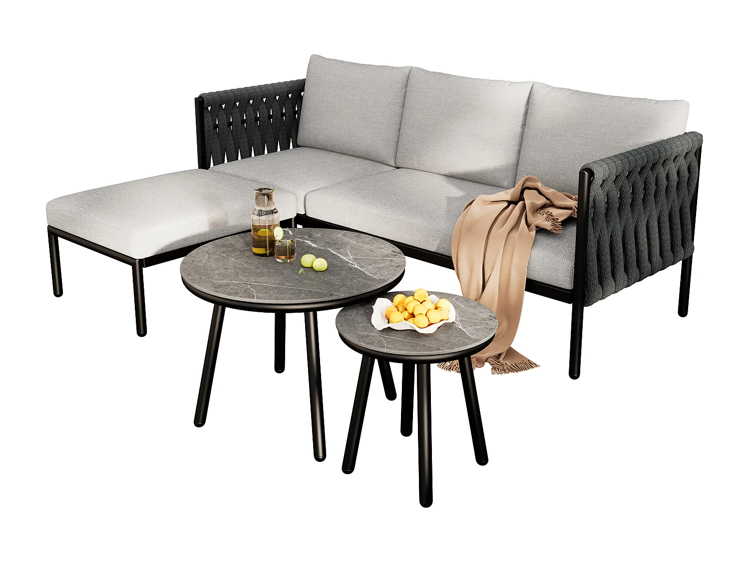 Modulaire tuinset voor 4 personen in gegalvaniseerd staal: 1 3-zitsbank + 1 kruk + 2 ronde salontafels - Grijs