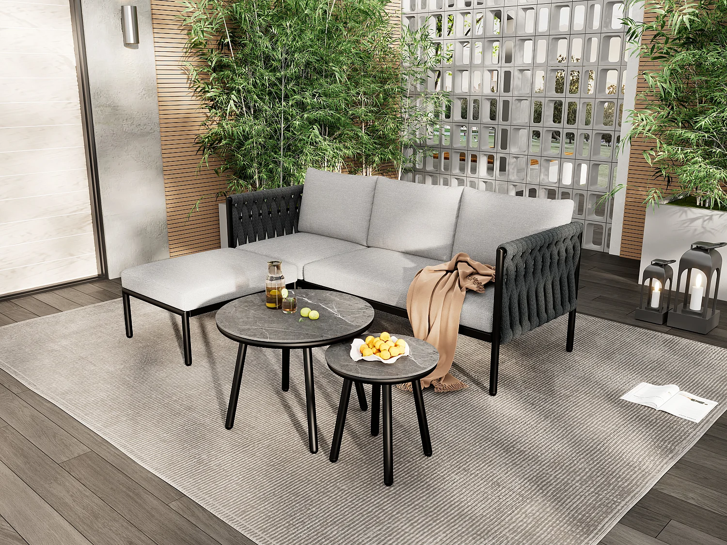 Modulaire tuinset voor 4 personen in gegalvaniseerd staal: 1 3-zitsbank + 1 kruk + 2 ronde salontafels - Grijs