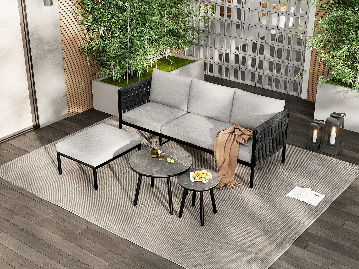 Modulaire tuinset voor 4 personen in gegalvaniseerd staal: 1 3-zitsbank + 1 kruk + 2 ronde salontafels - Grijs