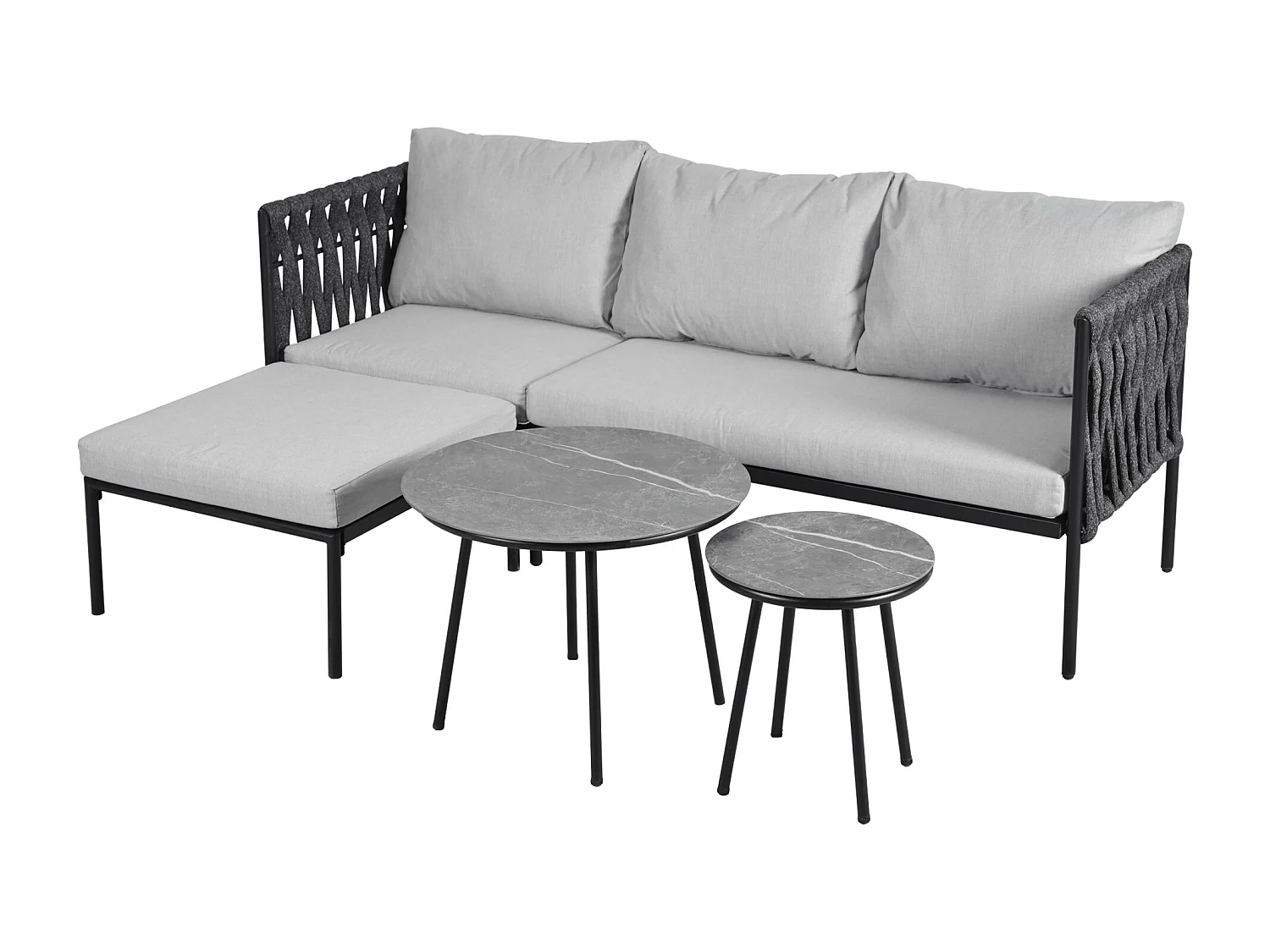 Modulaire tuinset voor 4 personen in gegalvaniseerd staal: 1 3-zitsbank + 1 kruk + 2 ronde salontafels - Grijs