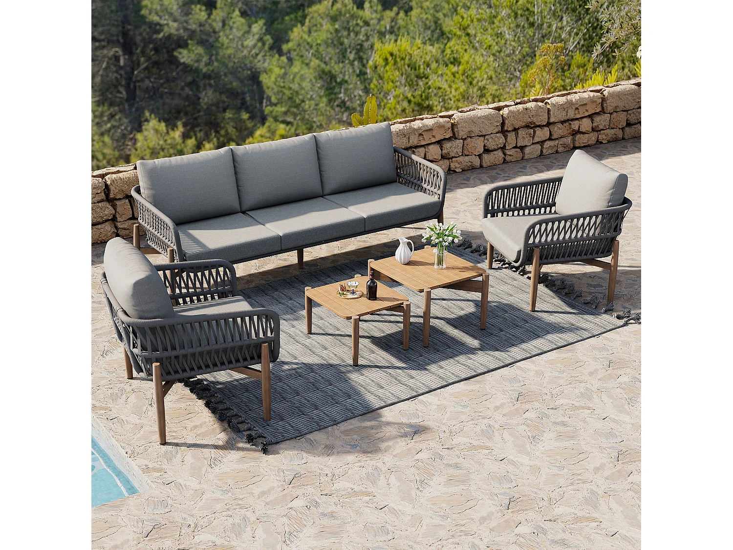 Zestaw mebli ogrodowych modułowych 5-osobowych ze stali ocynkowanej: 1 sofa 3-osobowa + 2 fotele + stoliki kawowe - Szary