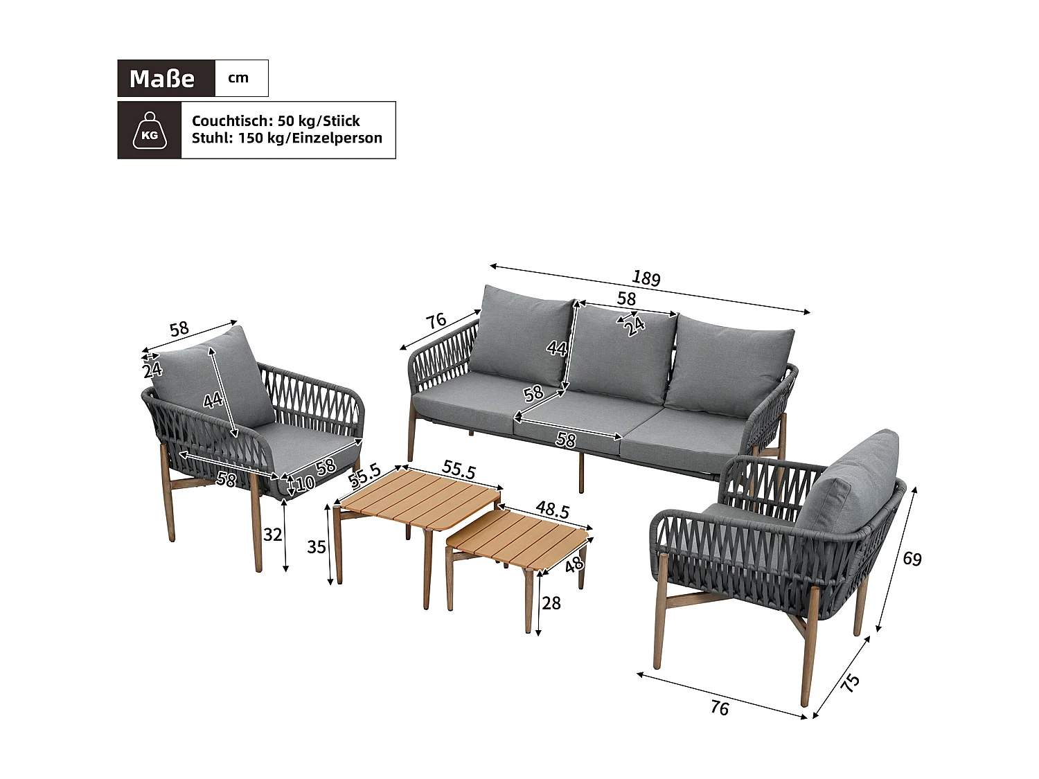 Zestaw mebli ogrodowych modułowych 5-osobowych ze stali ocynkowanej: 1 sofa 3-osobowa + 2 fotele + stoliki kawowe - Szary