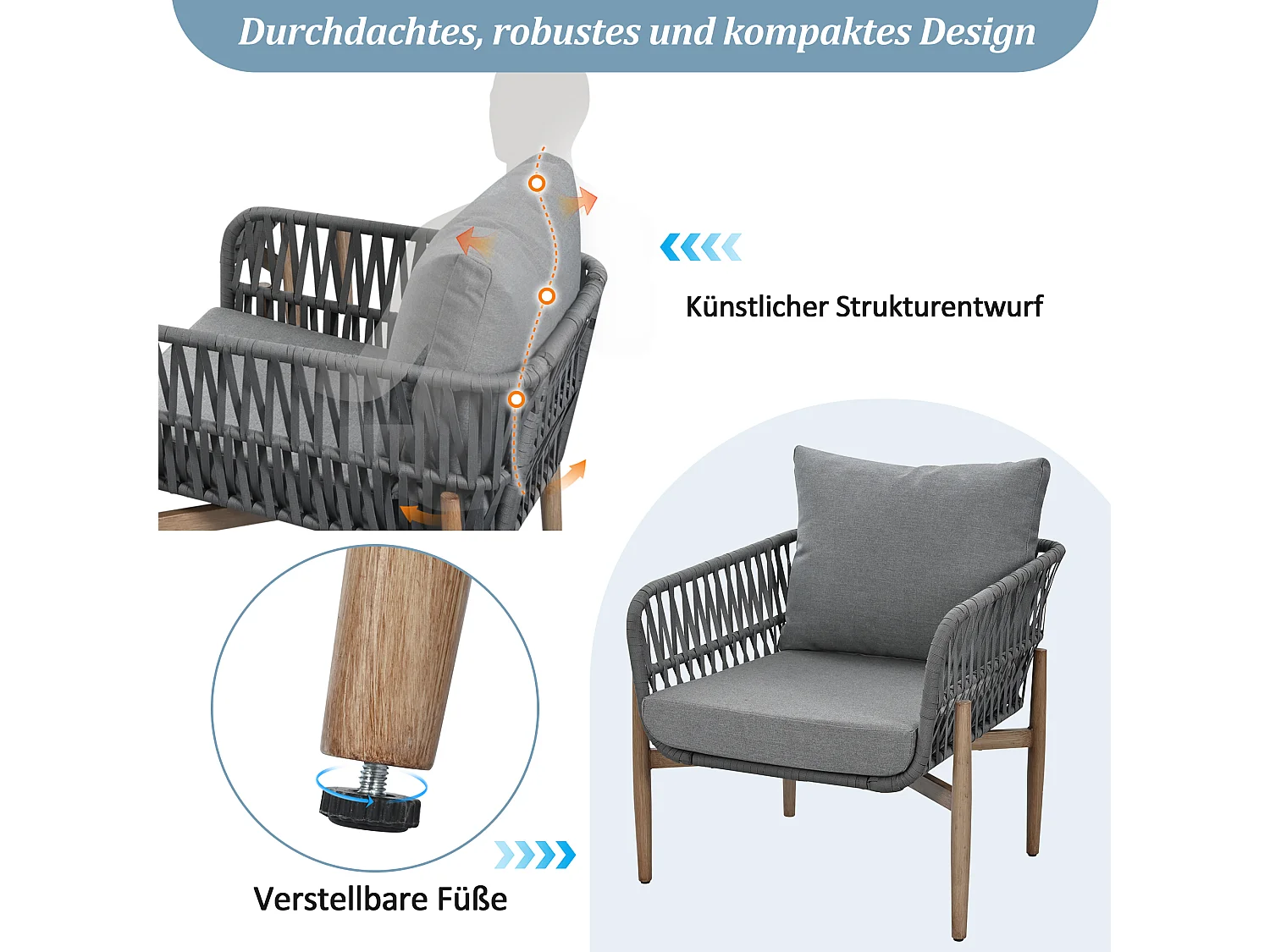 Zestaw mebli ogrodowych modułowych 5-osobowych ze stali ocynkowanej: 1 sofa 3-osobowa + 2 fotele + stoliki kawowe - Szary
